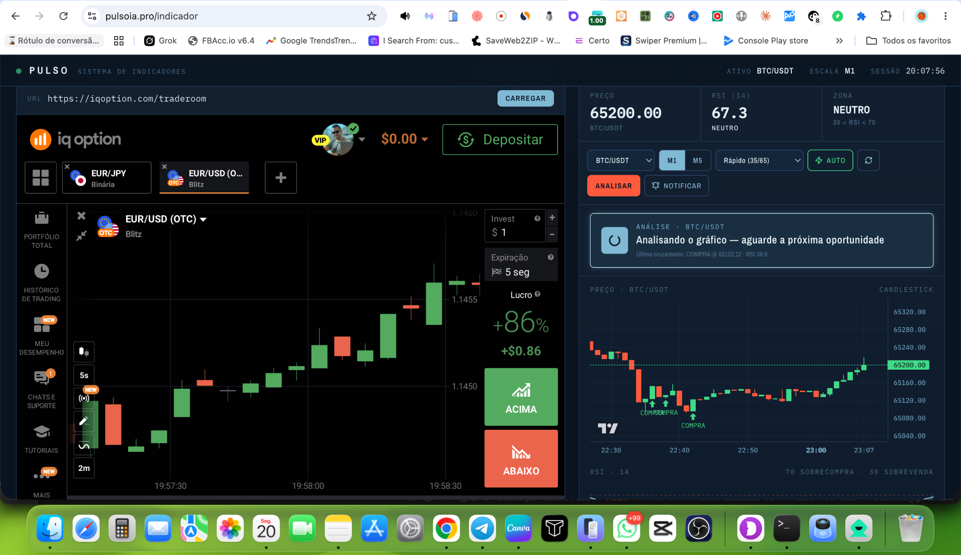 Dashboard real do Pulso com corretora embutida, gráfico de velas BTC/USDT, RSI 14 e sinais de COMPRA